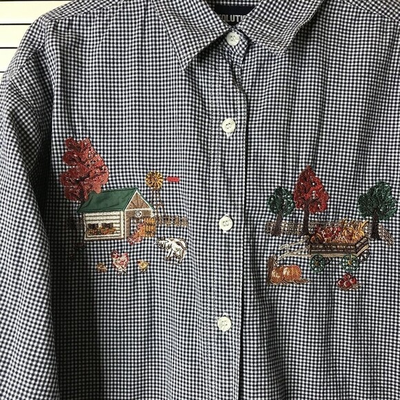 Solutions Casualwear Button Front Embroidered Shirt Size M‎ Black White Check - Picture 4 of 10